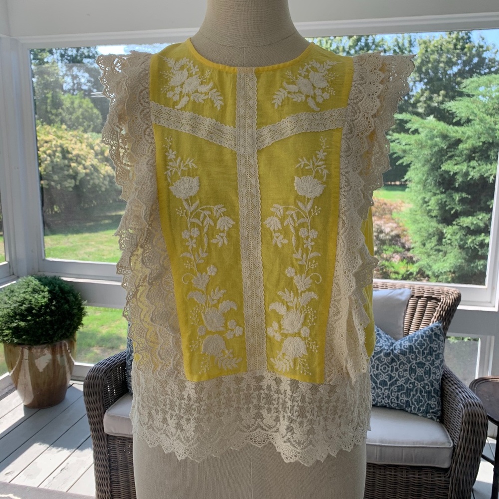 Zara Yellow / White Lace Ruffle Sleeveless Blouse